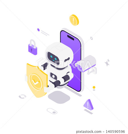 Robot With Shield For Mobile Security And Data Protection Isometric Vector Illustration 140590596