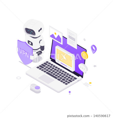 VPN Security Technology With AI Robot And Laptop Isometric Vector Illustration VPN Security Technology With AI Robot And Laptop Isometric Vector Illustration 140590617