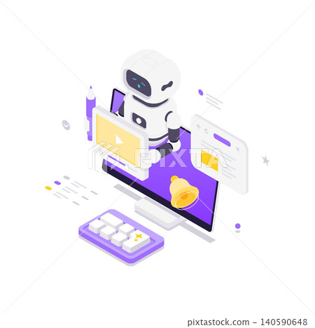 AI Bot For Digital Marketing And Content Creation Automation Isometric Vector Illustration 140590648