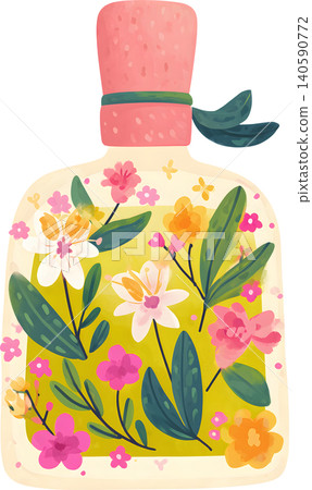 Perfume Bottle with Fresh Leaves Illustration Perfume Bottle with Fresh Leaves Illustration 140590772