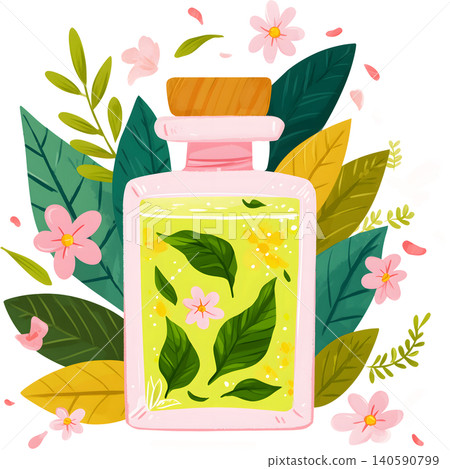 Perfume Bottle with Fresh Leaves Illustration Perfume Bottle with Fresh Leaves Illustration 140590799