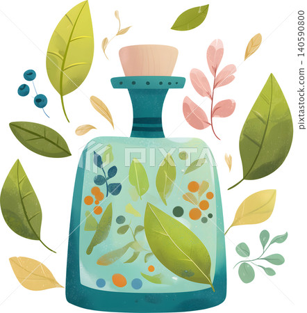 Perfume Bottle with Fresh Leaves Illustration Perfume Bottle with Fresh Leaves Illustration 140590800
