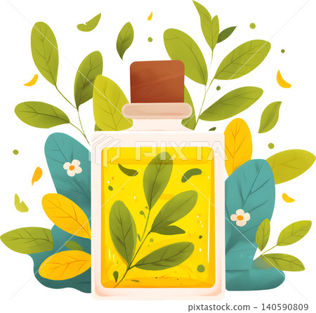 Perfume Bottle with Fresh Leaves Illustration Perfume Bottle with Fresh Leaves Illustration 140590809