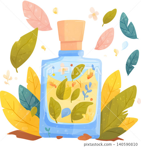 Perfume Bottle with Fresh Leaves Illustration Perfume Bottle with Fresh Leaves Illustration 140590810