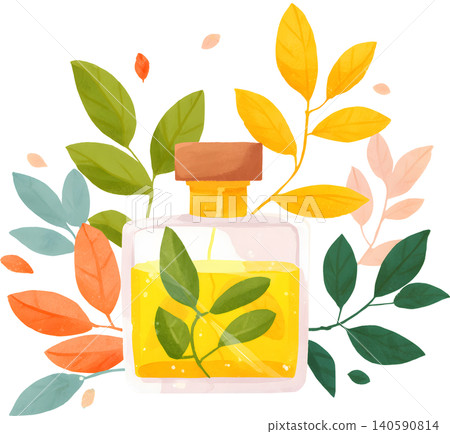 Perfume Bottle with Fresh Leaves Illustration Perfume Bottle with Fresh Leaves Illustration 140590814