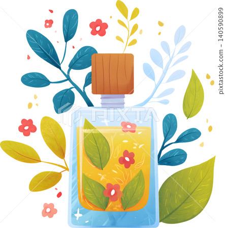Perfume Bottle with Fresh Leaves Illustration Perfume Bottle with Fresh Leaves Illustration 140590899