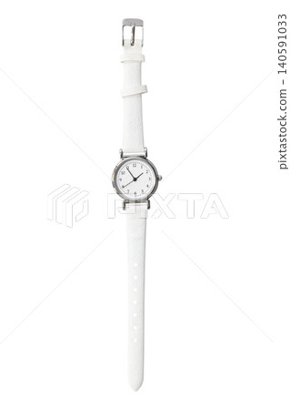 Close up photo of a wristwatch with a white leather strap and round silver case. Close up photo of a wristwatch with a white leather strap and round silver case. 140591033