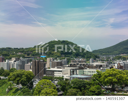 Beautiful cityscape of a town nestled at the foot of a green mountain under blue sky. Beautiful cityscape of a town nestled at the foot of a green mountain under blue sky. 140591307