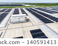 Aerial view of a modern logistics center with solar panels and energy storages on the roof 140591413