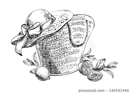 Beach basket with straw hat and whole sliced lemons sketch. Hand drawn black ink mediterranean summer flat lay composition isolated on white for local market branding, cosmetic label, and card 140591448