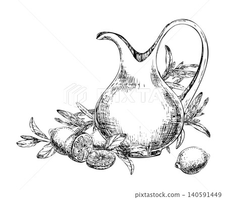 Ceramic jug with lemon branch and whole citrus line art sketch. Hand drawn black ink mediterranean composition isolated on white for infused water bottle label, cafe menu, and kitchen poster Ceramic jug with lemon branch and whole citrus line art sketch. Hand drawn black ink mediterranean composition isolated on white for infused water bottle label, cafe menu, and kitchen poster 140591449