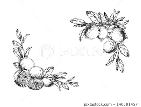 Lemon branches frame corners hand drawn line art illustration. Black ink citrus frame borders with whole fruit and slices sketch for mediterranean restaurant menu layout and food package Lemon branches frame corners hand drawn line art illustration. Black ink citrus frame borders with whole fruit and slices sketch for mediterranean restaurant menu layout and food package 140591457