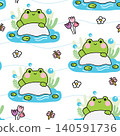 Seamless pattern of cute frog smile greeting stay on stone river background.Nature 140591736