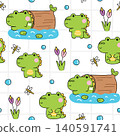 Seamless pattern of cute crocodile greeting swimming in river with log wood background. 140591741