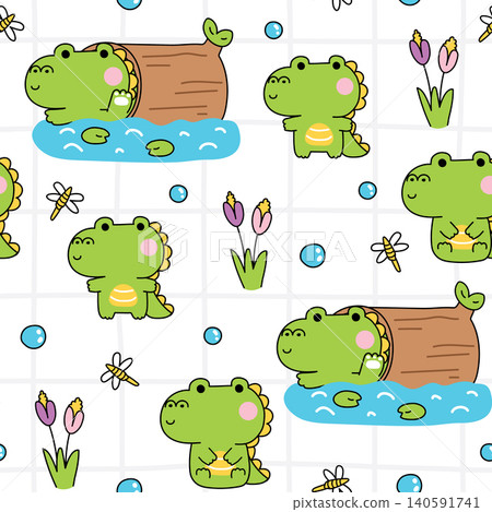 Seamless pattern of cute crocodile greeting swimming in river with log wood background. Seamless pattern of cute crocodile greeting swimming in river with log wood background. 140591741
