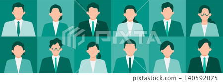 方形日式商務頭像圖示集（12 個男性和女性角色） - 用於內部聊天和個人資料圖片的插圖。 140592075