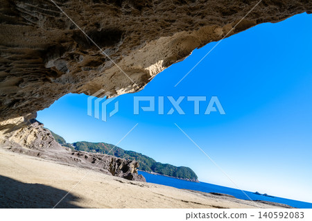 Kumano City, Mie Prefecture: Onigajo Castle, a World Heritage Site, with images of strangely shaped rocks and a blue sky. Kumano City, Mie Prefecture: Onigajo Castle, a World Heritage Site, with images of strangely shaped rocks and a blue sky. 140592083