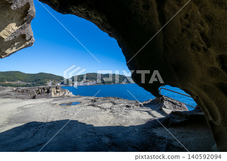 Kumano City, Mie Prefecture: Onigajo Castle, a World Heritage Site, with images of strangely shaped rocks and a blue sky. Kumano City, Mie Prefecture: Onigajo Castle, a World Heritage Site, with images of strangely shaped rocks and a blue sky. 140592094