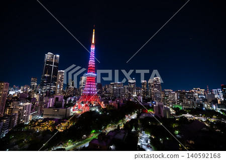 東京：夜幕下的東京鐵塔，東京鐵塔映襯下的城市景觀，東京夜景 140592168