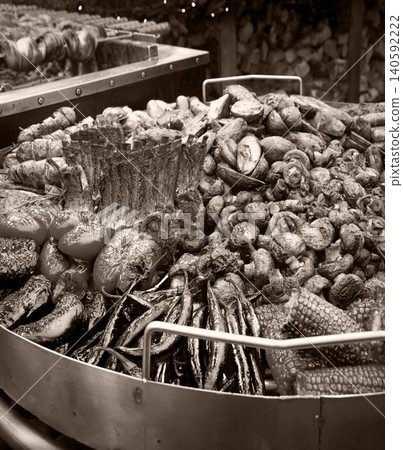 Grilled ribs, meat, potatoes, pepper, mushrooms Grilled ribs, meat, potatoes, pepper, mushrooms 140592222