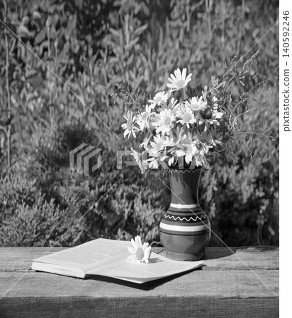 Camomiles in the vase and book 140592246