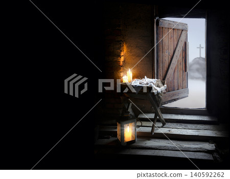 Manger with straw. Christmas background Manger with straw. Christmas background 140592262