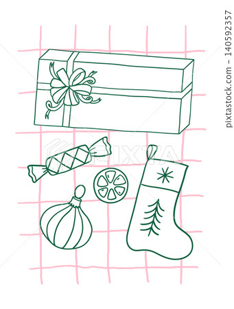 Christmas card with gift box, stocking, candy Christmas card with gift box, stocking, candy 140592357
