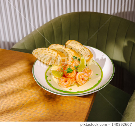 Shrimp scampi with lime and crostini on a wooden table Shrimp scampi with lime and crostini on a wooden table 140592607