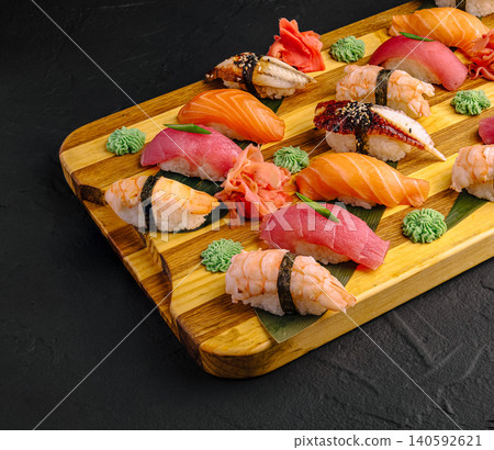 Nigiri sushi platter with salmon tuna shrimp eel Nigiri sushi platter with salmon tuna shrimp eel 140592621