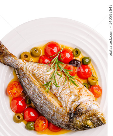 Roasted sea bream with cherry tomatoes olives rosemary plate Roasted sea bream with cherry tomatoes olives rosemary plate 140592645