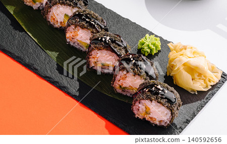Fried sushi rolls with salmon, cream cheese, unagi sauce, wasabi and ginger Fried sushi rolls with salmon, cream cheese, unagi sauce, wasabi and ginger 140592656