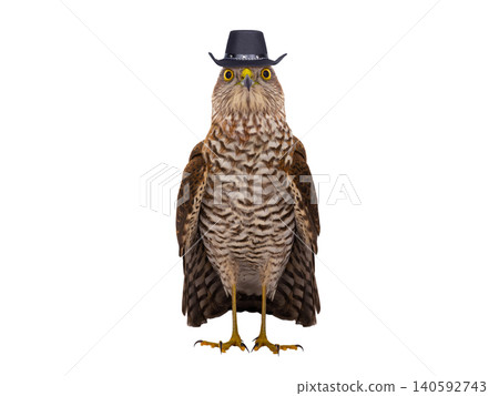 sparrowhawk wearing a cowboy hat isolated on white background sparrowhawk wearing a cowboy hat isolated on white background 140592743