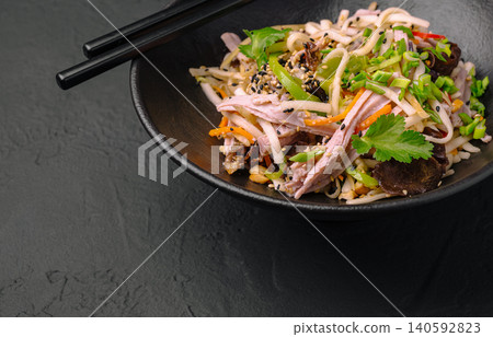 Spicy asian chicken noodle salad with wood ear mushroom Spicy asian chicken noodle salad with wood ear mushroom 140592823
