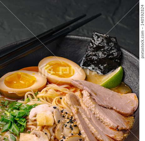 Traditional ramen bowl with noodles, soft boiled egg, and duck meat Traditional ramen bowl with noodles, soft boiled egg, and duck meat 140592824