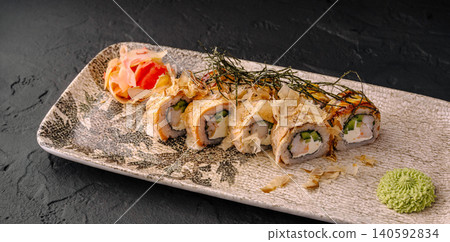 Sushi rolls with bonito flakes, wasabi, and pickled ginger Sushi rolls with bonito flakes, wasabi, and pickled ginger 140592834