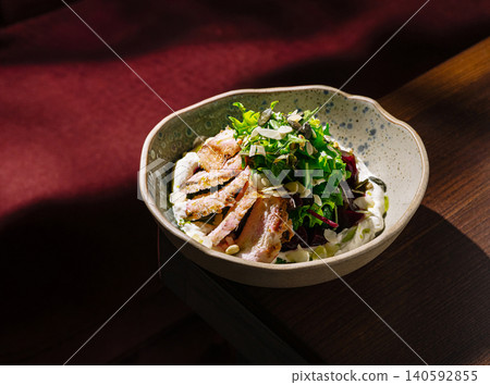 Gourmet chicken salad with mixed greens and seeds Gourmet chicken salad with mixed greens and seeds 140592855