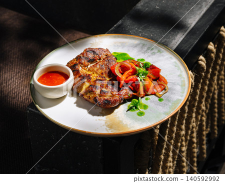 Grilled meat serving with roasted vegetables and sauce Grilled meat serving with roasted vegetables and sauce 140592992