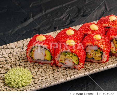 California sushi rolls with tobiko caviar and shrimp California sushi rolls with tobiko caviar and shrimp 140593028