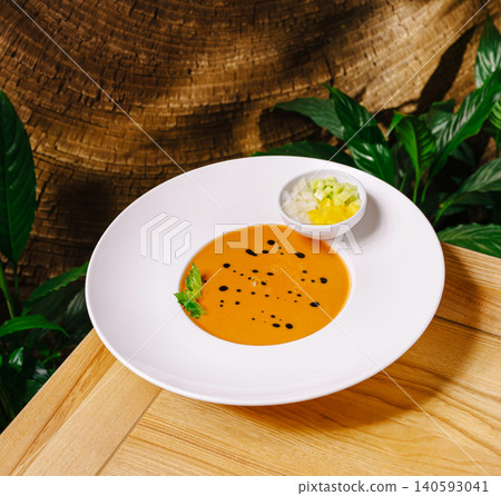 Cold gazpacho soup with diced vegetable toppings Cold gazpacho soup with diced vegetable toppings 140593041