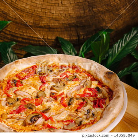 Delicious pizza with mushrooms and red peppers on a wooden table 140593049