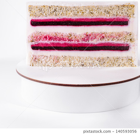 Layered poppy seed berry cake on stand Layered poppy seed berry cake on stand 140593056
