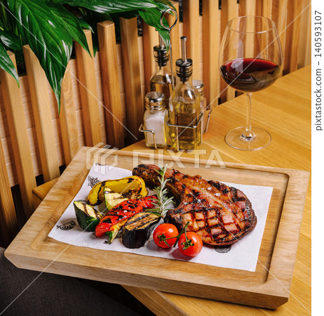 Grilled pork steak with vegetables and red wine 140593107