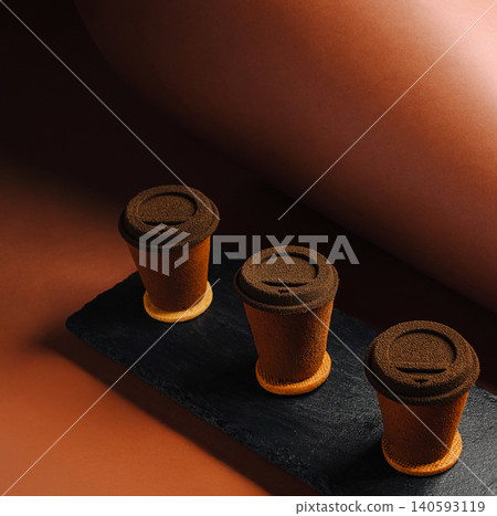 Chocolate mousse desserts shaped like coffee cups on dark board 140593119