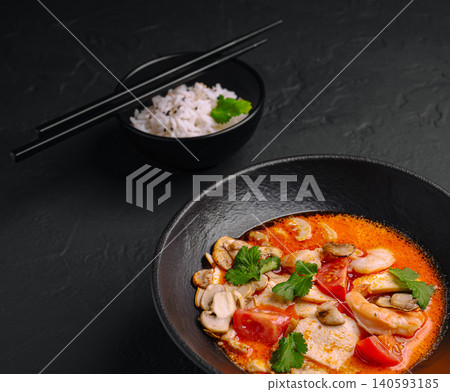 Thai Tom Yum soup with shrimp and mushrooms served with rice Thai Tom Yum soup with shrimp and mushrooms served with rice 140593185