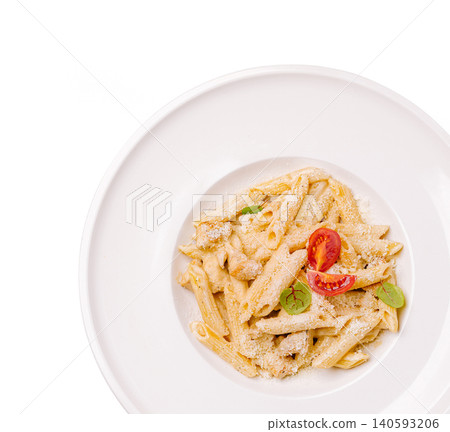 Creamy chicken penne pasta with cherry tomatoes and basil Creamy chicken penne pasta with cherry tomatoes and basil 140593206