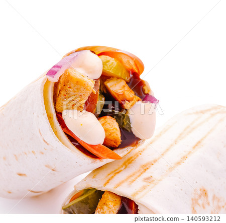 Ready to eat chicken shawarma wraps with fresh ingredients 140593212