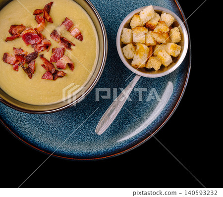 Creamy potato leek soup with crispy bacon Creamy potato leek soup with crispy bacon 140593232
