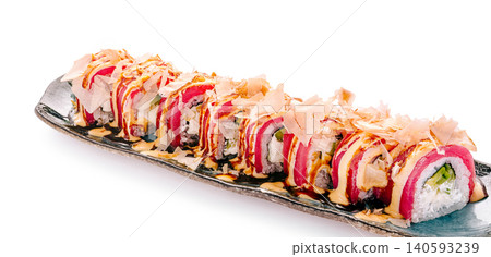 Tuna sushi rolls with bonito tuna flakes Tuna sushi rolls with bonito tuna flakes 140593239