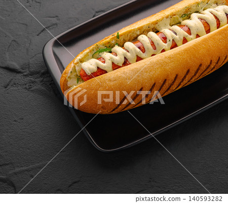Gourmet grilled hot dog with mustard sauce 140593282