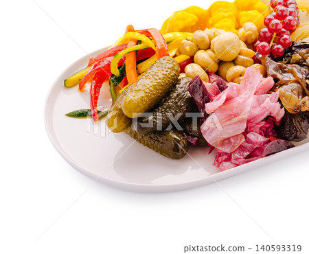 Pickled Vegetables Assortment on White Plate Pickled Vegetables Assortment on White Plate 140593319